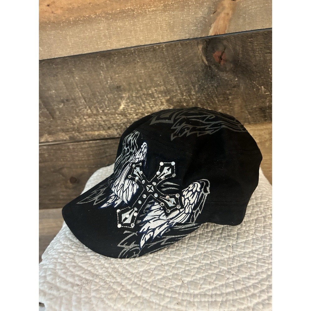 Y2K Pit Bull Hat Cap Strap Back Mens One Size Black Cross Rhinestone Bling